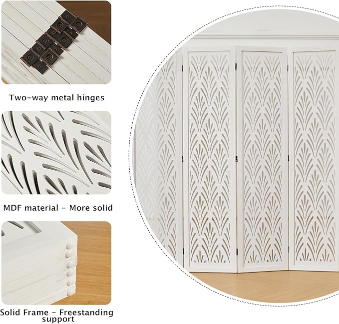 5.6Ft Room Divider Folding Wood Simple Carved Partition Screen for Home Office Garden - 6 Panels (White)