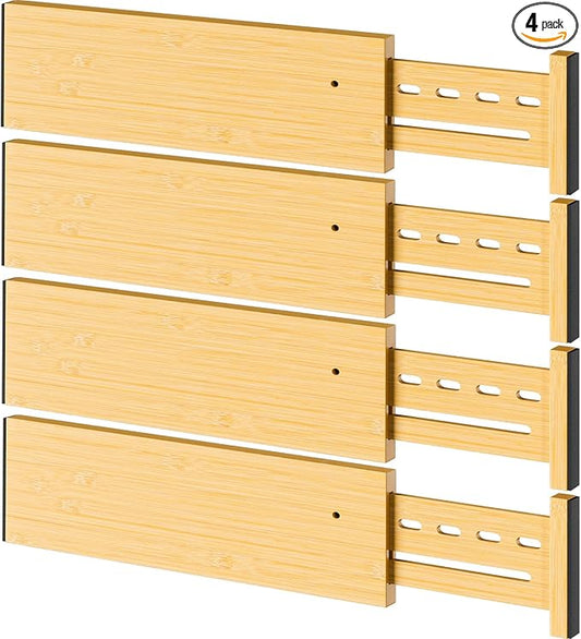 Bamboo Drawer Dividers 4" High, 12.8-18" Adjustable Drawer Organizers for Clothes,Expandable Dresser Separators in Bedroom/Kitchen/Bathroom/Office Organization and Storage,4 Pack