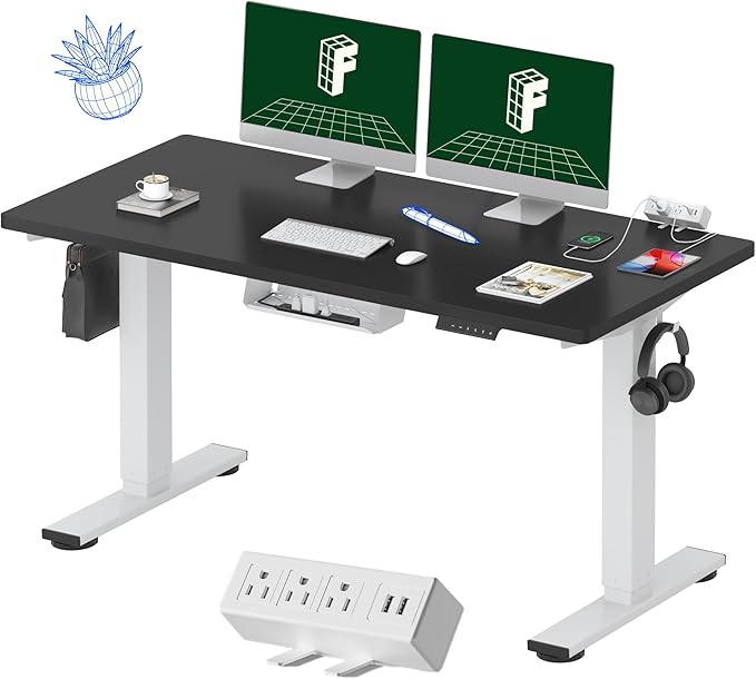 FLEXISPOT EN2 Whole-Piece Standing Desk with Clamp Power Strip, 55 x 28 Electric Stand Up Height Adjustable Desk with Cable Management (White Frame + 55" Black Desktop, 2 Packages)