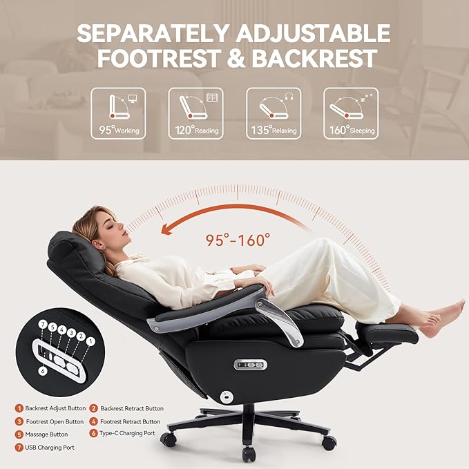 Dual Motor Electric Executive Office Chair with Foot Rest, Comfy Reclining Office Chair with Massage, Big and Tall Heavy Duty Ergonomic Home Office Desk Chairs，Sustainable Leather 400lbs, Black