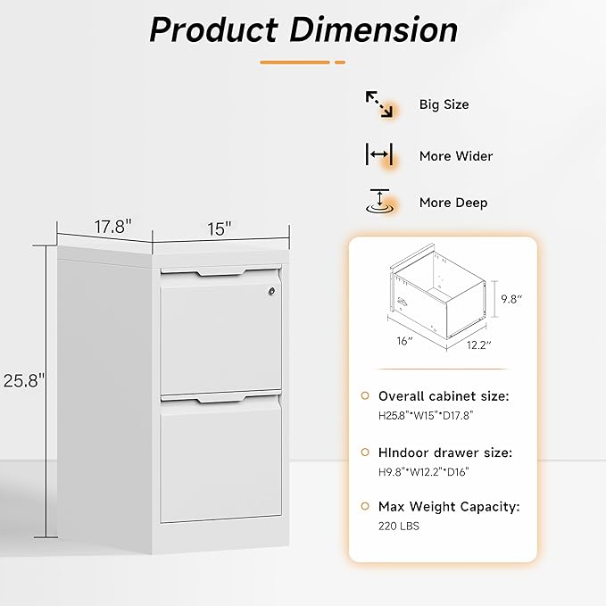 Bestoo 2 Drawer File Cabinet, 17.8" Deep Filing Cabinet for Home Office, Metal Vertical File Cabinet with Lock for Letter/Legal/A4/F4 Size, Easy Assemble (White)