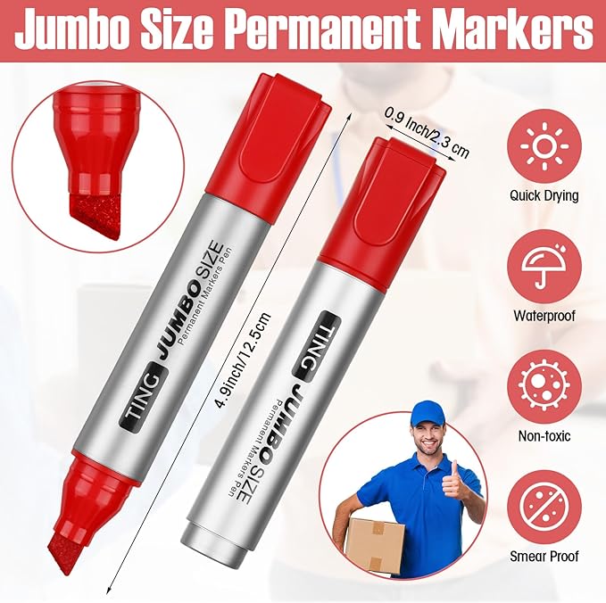 Fuutreo 32 Pcs Jumbo Permanent Markers Bulk Large Chisel Tip Permanent Markers Waterproof Jumbo Pens Quick Drying Office Teacher Supplies(Red)