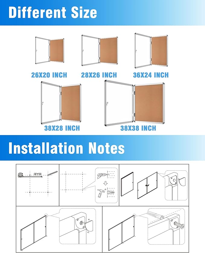 2 Pack 38"x38" Enclosed Bulletin Board, Lockable Weather-Resistant Aluminum Cork Noticeboard for School & Office, Silver Frame w/Cork