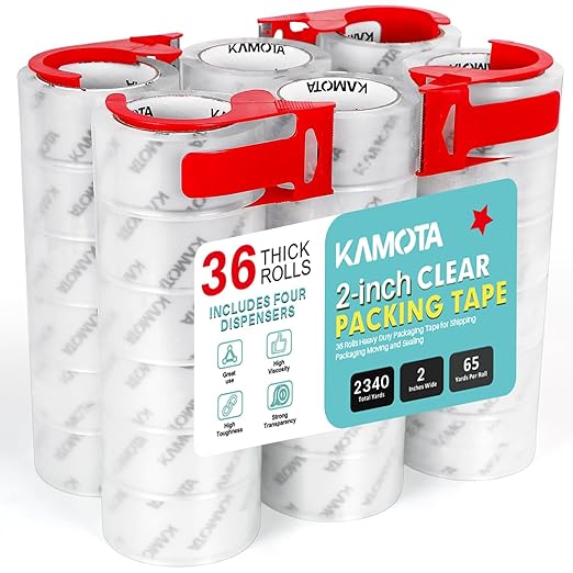 KAMOTA Packing Tape, 36 Rolls Heavy Duty Clear Packaging Tape for Shipping Packaging Moving Sealing, 2 inches Wide, 65 Yards Per Roll, Total 2340 Yards with 4 Dispensers