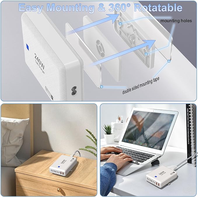 240W Fast Charging Blocks, 8-Port Charging Station for iPhone/Ipad/MacBook, 6C2A PD GaN Charger Box, USB Tower Hub 5ft Braided Power Cord with On/Off Switch, Flat Plug, Travel Essentials