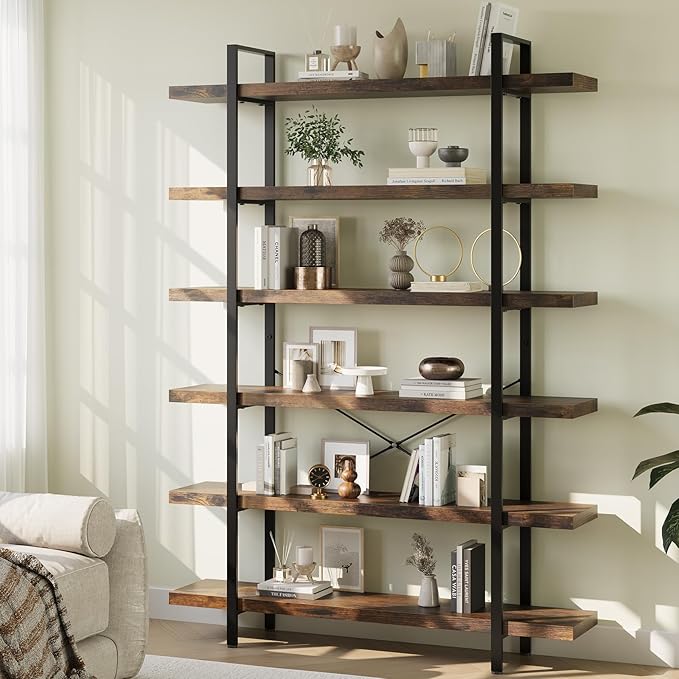 Heavy Duty 6-Tier Industrial Bookcase, 47" Wide Wood Bookshelf for Home Office, 120lbs Shelf Capacity, Rustic Open Shelving Display with Reinforced Horizontal Shelf for Living Room Bedroom