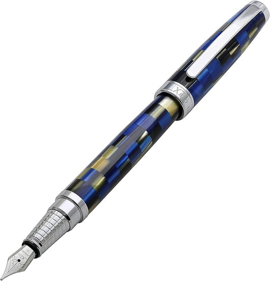 Xezo Urbanite Fountain Pen, Medium Nib. Retro Blue, Black, and Cream Colors with Chrome Plating. Limited Edition and Serialized. No Two Alike