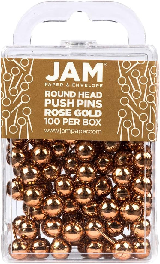 JAM PAPER Colorful Push Pins - Round Head Map Thumb Tacks - Rose Gold Pushpins - 100/Pack