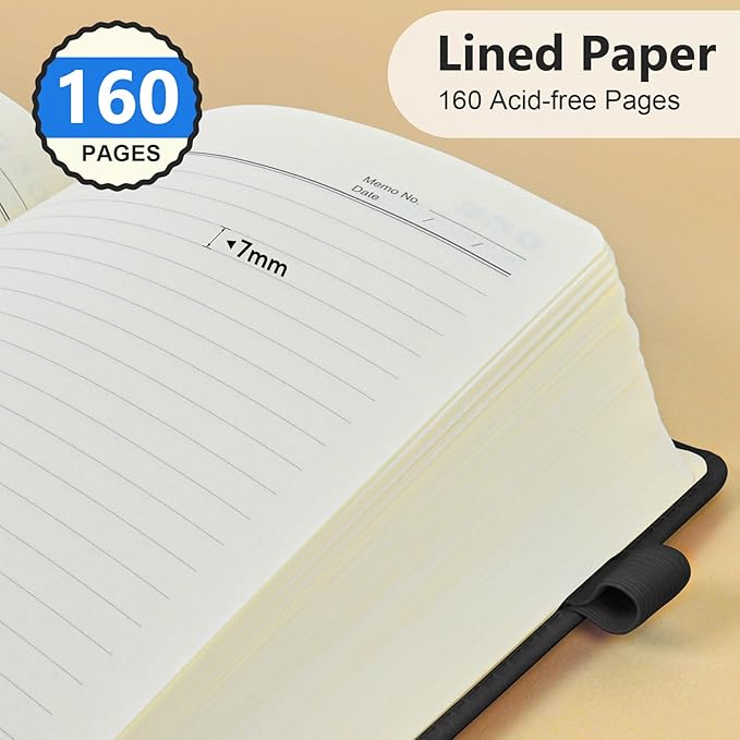 PERCUN Lined Journal Notebook for Men & Women, 160 Pages College Ruled Journal for Writing, A5 Hardcover Leather Notebooks for Work, School, Business, Travel, Daily Diary 5.9" x 8.5" - Black