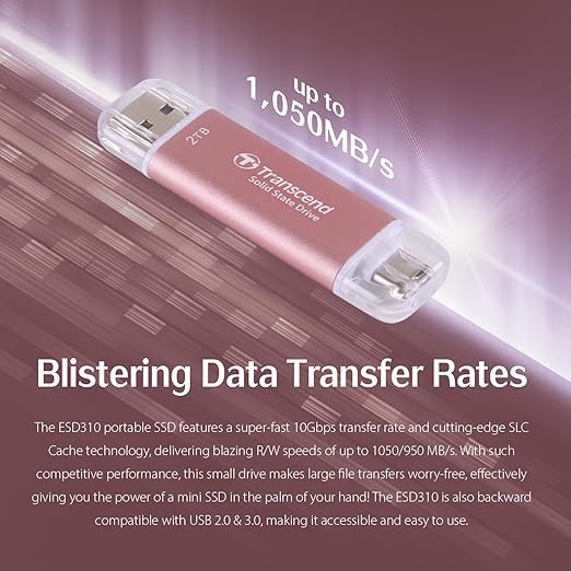 Transcend 2TB External SSD, Up to 1,050MB/s, USB 3.2 Gen 2 Portable SSD, 2-in-1 Type C &Type A, USB Hard Drive for Steam Deck, ROG Ally, MSI Claw, Windows&Mac, iPhone&iPad, Android, PS5&Xbox, Smart TV