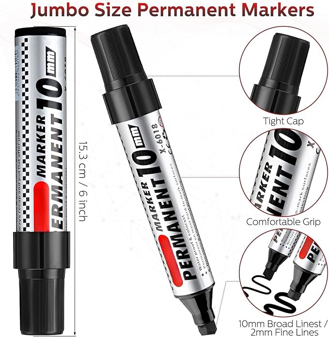 Thenshop 48 Pcs Jumbo Size Permanent Markers Bulk Waterproof Chisel Tip Marker Pens for Industrial Use Work on Wood Metal Plastic Stone Glass(Black)