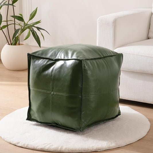 Unstuffed Pouf Cover, 17.7" Faux Leather Poofy Ottoman Cover, Square Footstool For Storage Living Room Decoration Foot Rest, Footrest for Bedroom Balcony Office Chair, (Only Cover, No Filler), Green