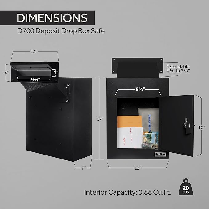 Through-The-Wall Drop Box Deposit Safe 17 x 13 x 7 - Heavy Duty Steel Mailbox with Lock for Receiving Mail, Checks, Letters, Cash and More for Home, Office and Commercial Use (D700) (Black)