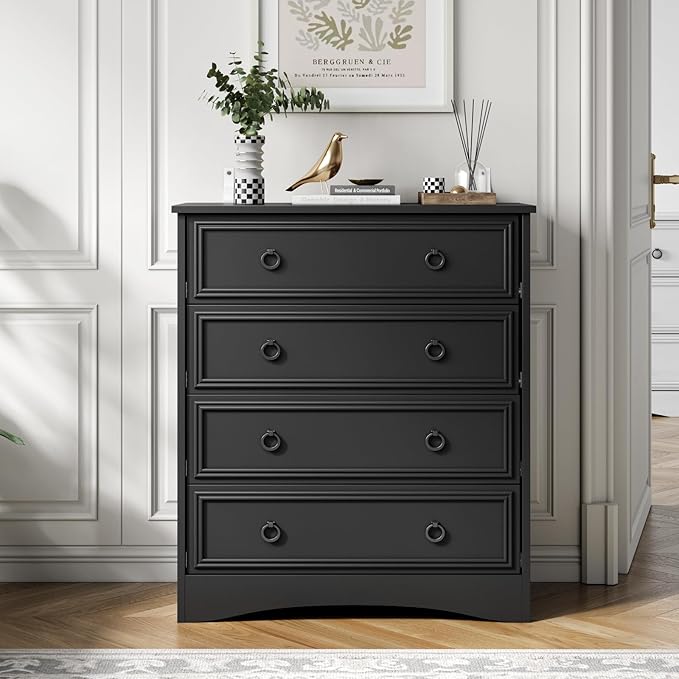 LGHM Modern 4 Drawer Dresser, Tall Dressers for Bedroom, Chest of Drawers Closet Organizers and Storage for Clothes - Easy Pull Handle, Textured Borders Drawers for Living Room, Hallway, Black