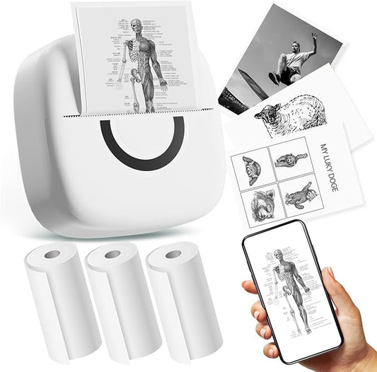 Mini Printer Sticker Thermal Printer with 3 Rolls Paper, Bluetooth Portable Phone Print Pods,Study Sticker Maker for Pictures, Photos, Journals, DIY, Compatible with Phone & Tablet