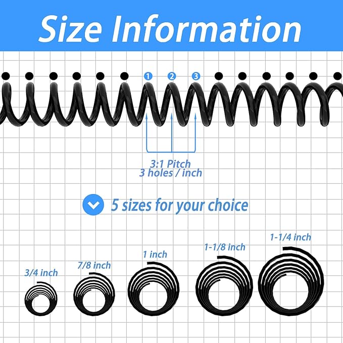 Rayson 22.2mm Plastic Spiral Coil Binding 3:1 Pitch, 7/8 inch, 190 Sheets Capacity Black Coil Binding Spines - Versatile for Office and Educational Tasks, Pack of 50