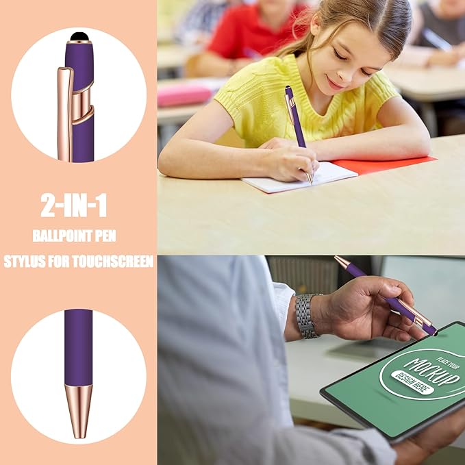 12 Pcs Blue Ink Ballpoint Pen with Stylus Tip, 1.0 mm Metal Pen Stylus Pen for Touch Screens, 2 in 1 Thank You Pen Gift for Office (Purple Rose Gold)