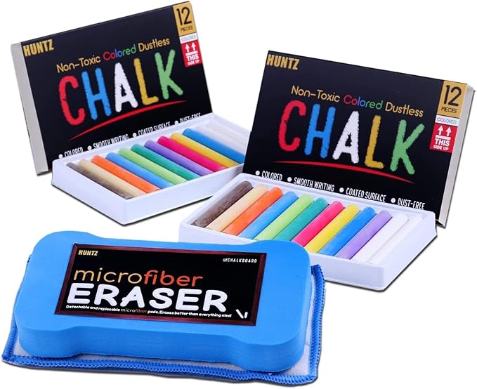 Huntz Dustless Chalk With Microfiber Eraser (Washable & Reusable) (24 Multi-Color Chalks + Eraser)