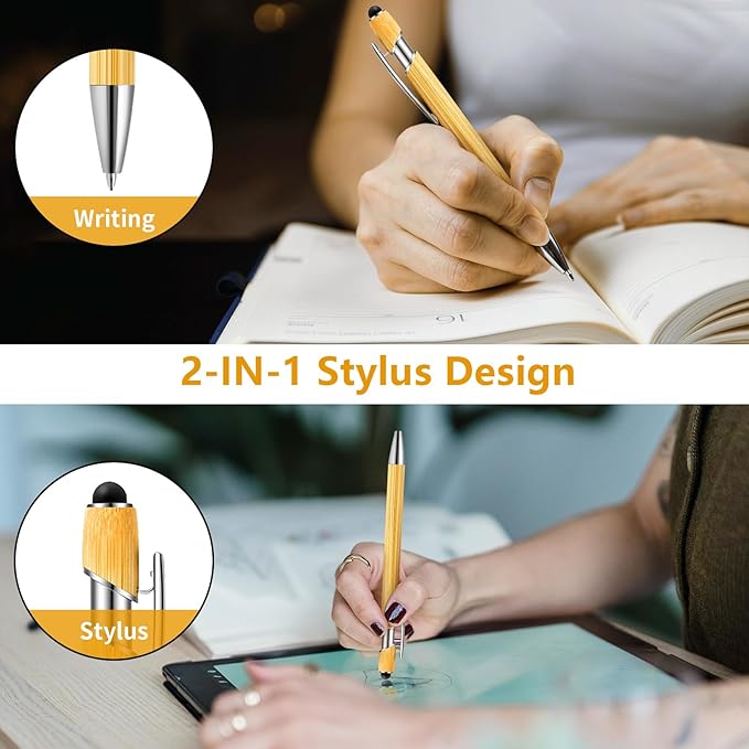 Bamboo Personalized Pen with Stylus, Custom Ballpoint Pens with Name Text Logo, Black Ink, Customizable Gift Ideas for School Back Day Office Business Home (100 Count/Pack)