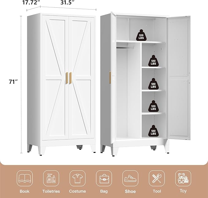 71" Tall Metal Wardrobe Closet with Adjustable Shelves and Hanging Rod, 2 Doors Office Storage Locker Cabinet for Home, Office, Bedroom, Laundry Room, White