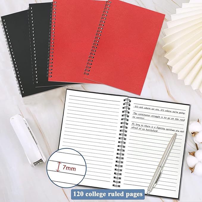 4Pack Small Spiral Notebook A5, 8.25x5.5” 120 Lined Pages Black & Red Wide Ruled Spiral Journal Bulk Blank Kraft Cover Spiral Bound Notebook & Writing Pads for Home Office Meeting Work Note Taking