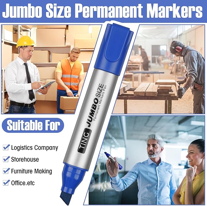 Fuutreo 32 Pcs Jumbo Permanent Markers Bulk Large Chisel Tip Permanent Markers Waterproof Jumbo Pens Quick Drying Office Teacher Supplies(Blue)