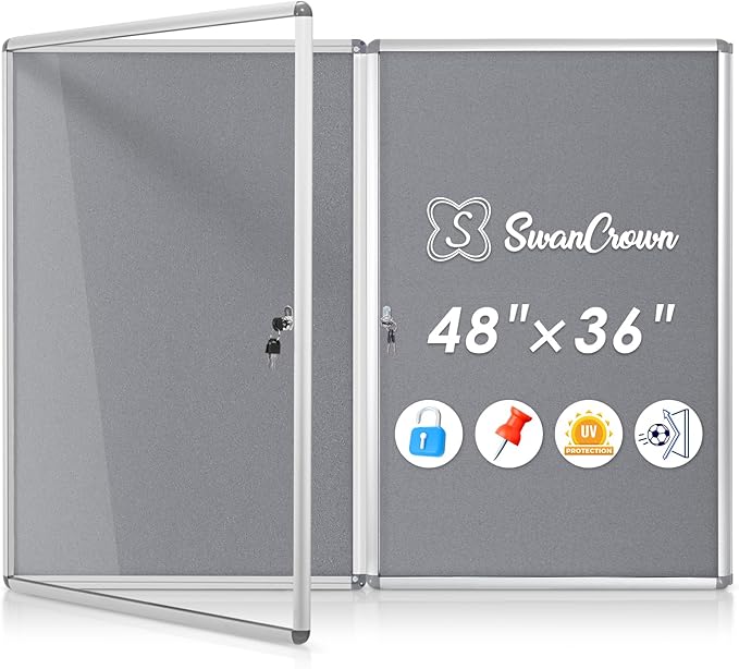 SWANCROWN Enclosed Bulletin Board 36x24 in, Tamperproof Lockable Grey Felt Board Wall Display Case for Office School Home, Aluminum Frame, 2PCS