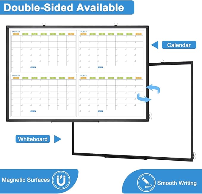 Dry Erase Calendar for Wall 4 Month, WALGLASS 48" x 36" Large Double-Sided White Board Calendar, Dry Erase Monthly Planner, Black Aluminum Frame Hanging Wall Mounted Whiteboard for Office Home School