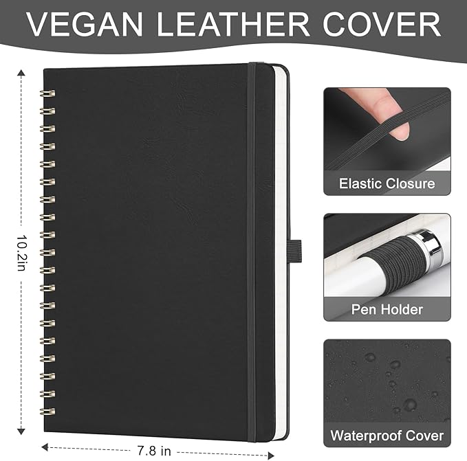 AHGXG Lined Spiral Journal Notebook, B5 Large Notebooks for Women Men, 140 Pages Hardcover Leather Notebook College Ruled, 100 GSM Paper, Notebooks for Work School Note Taking, 7.6" x 10", Black