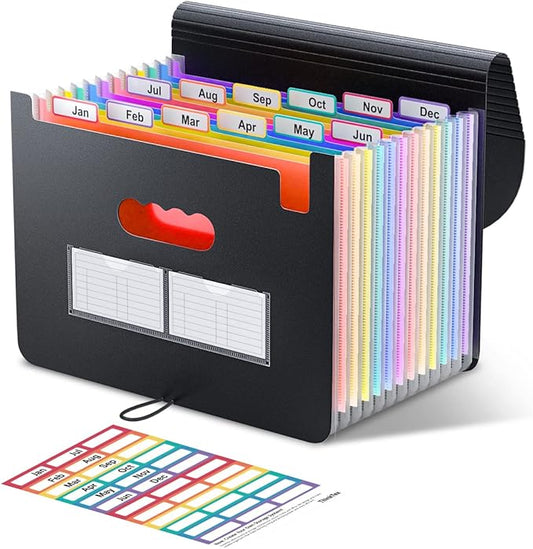 ThinkTex Accordion File Organizer, 12 - Pocket Expanding File Folders for Paper Receipts, Bills&Taxes Organizer, Letter/A4 Size Document Holder for School, Office, Home with Colorful tabs- Black