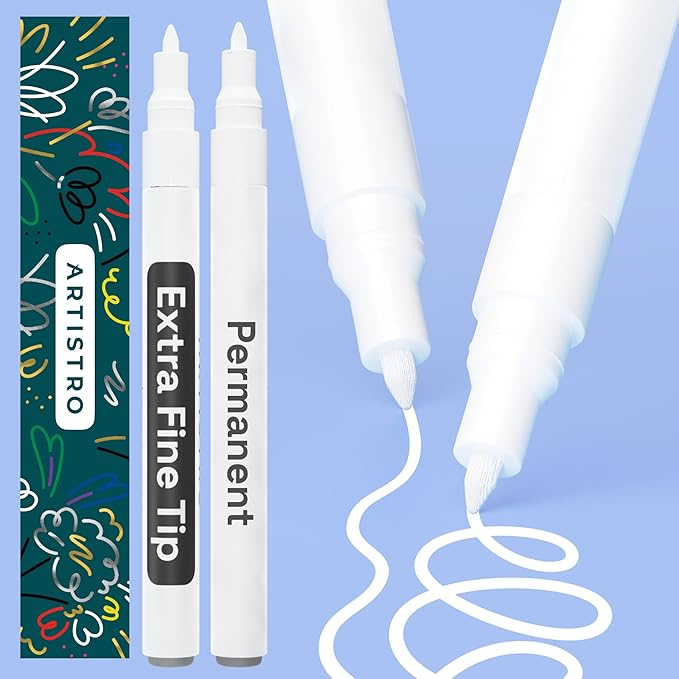 ARTISTRO 2 White Permanent Marker - Waterproof Markers for Tire, Fabric, Rocks, Glass, Ceramic, Wood, Paper - Oil Based Paint Pens - Extra-Fine Tip 0.7mm