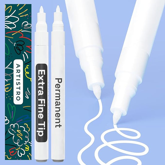 ARTISTRO 2 White Permanent Marker - Waterproof Markers for Tire, Fabric, Rocks, Glass, Ceramic, Wood, Paper - Oil Based Paint Pens - Extra-Fine Tip 0.7mm