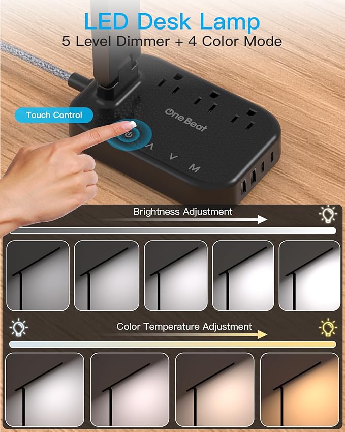 Power Strip with LED Desk Lamp, 3 Outlets 4 USB Ports(2 USBC) 4 Modes 5 Level Touch Lamp Small Desk Lamp for Home Office Bedroom Bedside, Study Reading Light, 5ft Extension Cord, Dorm Room Essentials