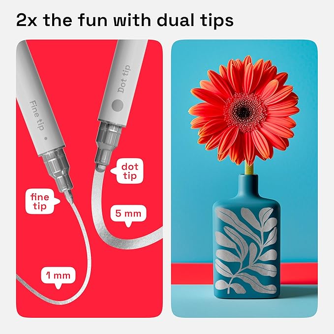 ARTISTRO 2 Silver Dual-Tip Acrylic Paint Pens - Multisurface Markers for Fabric, Plastic, & More, 5mm Dot + 1mm Fine Tips