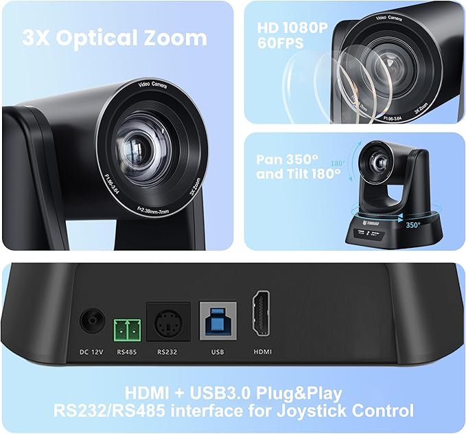 3X Optical Zoom PTZ Camera HDMI USB 3.0 1080P 60fps 114-Degree Wide-Angle for Video Conference Business Meeting Live Streaming Online Learn with Zoom YouTube Teams OBS and More