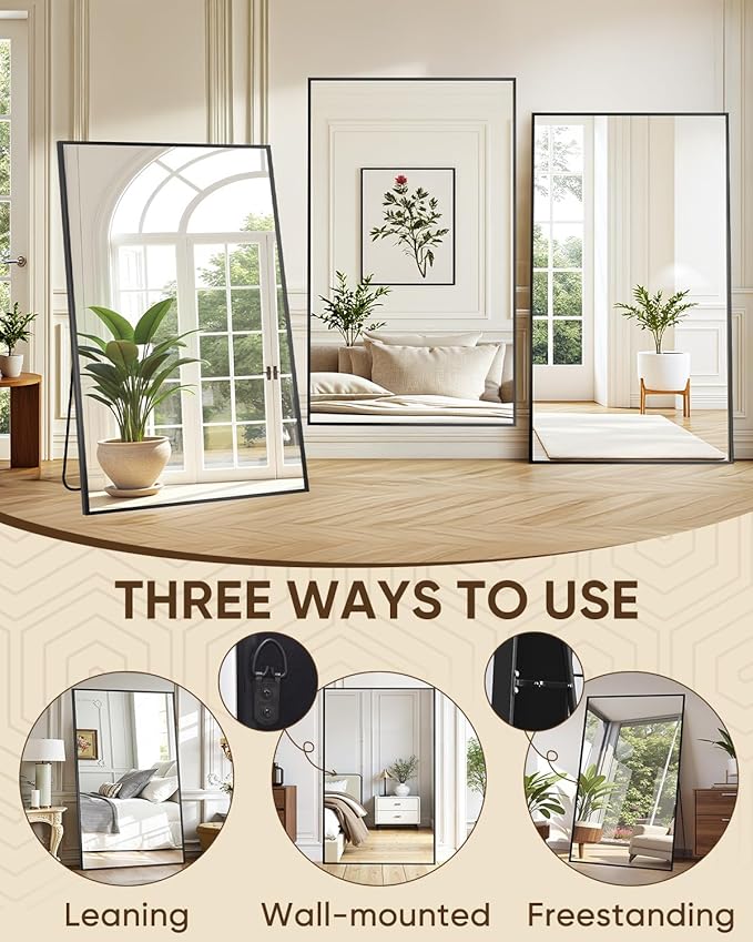 Antok Full Length Mirror, 76"x44" Floor Mirror, Floor Standing Freestanding Full Body Mirror with Stand for Bedroom, Hanging Mounted for Living Room Cloakroom, Black