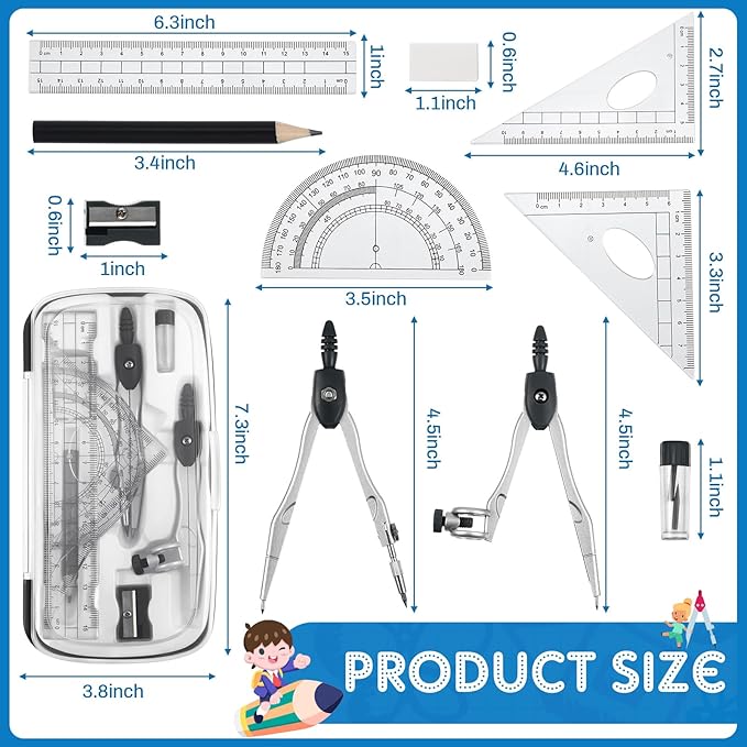 Teling 12 Sets Math Geometry Kit for Students 10 Pcs Compass Geometry Tools Set Includes Rulers Protractor Compass Eraser Pencil Sharpener Lead Refills Pencil (Black)
