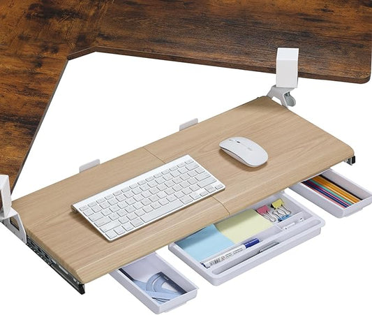 ETHU Keyboard Tray Under Desk, Ergonomic Corner Keyboard Tray with 180° Adjustable C Clamp for L Shape Desk 26.77" X 12.2" Easy to Install, Computer Keyboard Stand for Home and Office(Oak)