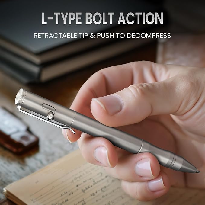 Origin-Joy 1 Pack Stainless Steel Bolt Action Pen Set, Heavy Duty EDC Pocket Gel Tactical Pen With 4 Ballpoint Refills (Sandblasting)
