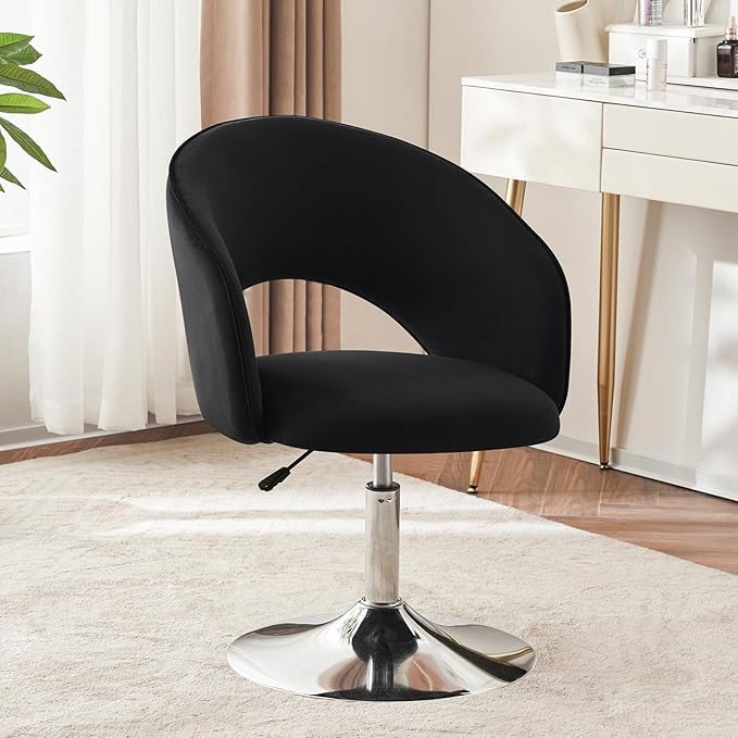 Furnimart Adjustable Black Vanity Chair with Back, Velvet Makeup Chair Swivel Accent Chair with Chrome Frame Hollow Backrest, Side Chair for Living Room, Makeup Room, Bedroom (Black)