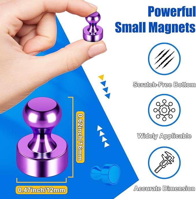Strong Whiteboard Magnets, Small Magnetic Push Pins, Purple Metal Fridge Magnets, Magnetic Clips Heavy Duty for Office, Gadgets, Locker Accessories, Desk Accessories, Pack of 56