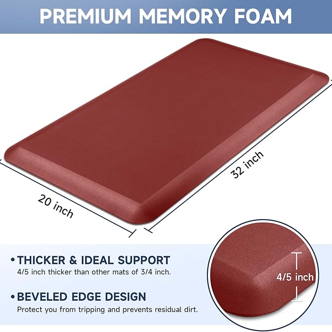 4/5 Inch Thick Kitchen Mats for Floor, StepRite Kitchen Rug for Standing Desk, Non-Slip, Thicker, Stain Resistant, Waterproof, Comfort Anti Fatigue Floor Mat for Home, Kitchen, Office - Red,32 * 20''