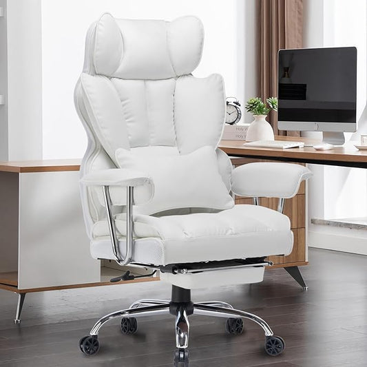 Efomao Big and Tall Office Chair 400lbs – High Back PU Leather Executive Chair with Lumbar Support, Footrest, Swivel Base, Padded Armrests, and Rolling Wheels for Home Office, White Computer Chair