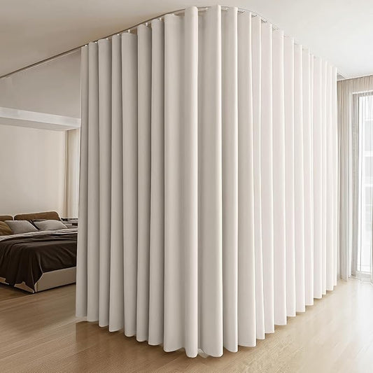 Room Divider Curtains & Flexible Bendable Tracks Set,Privacy Dividers Ceiling Track Curtain Window Blackout Curtains for Living Room Bedroom (W100 × H84 in 1 Panel Beige Drape & White Rail)