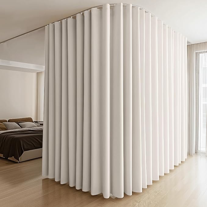 Room Divider Curtains & Flexible Bendable Tracks Set,Privacy Dividers Ceiling Track Curtain Window Blackout Curtains for Living Room Bedroom (W150 × H96 in 1 Panel Beige Drape & White Rail)