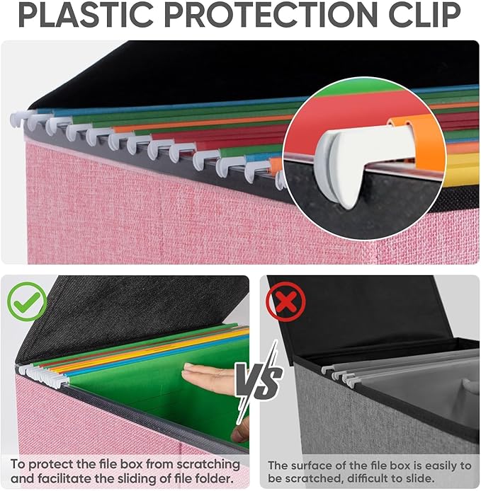 BALEINE File Organizer Box with Lid, Collapsible File Folder Organizer with Plastic Slide, Hanging File Folder Box for Office Document Storage (2 Pack, Pink)