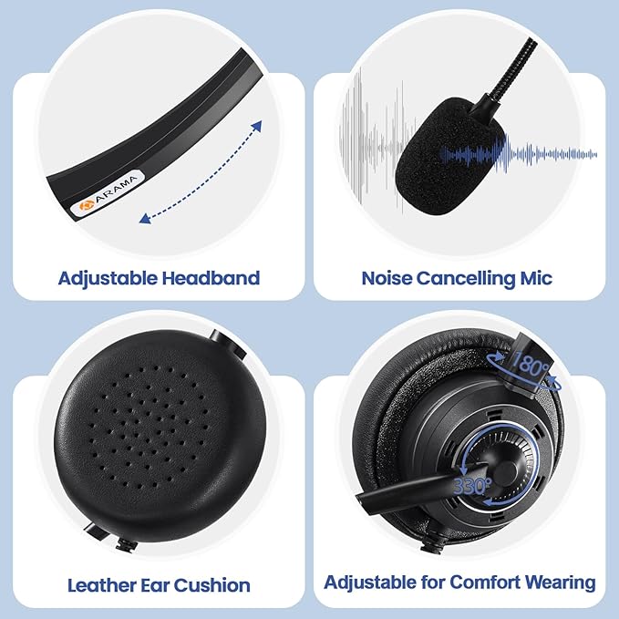 Arama USB Headset with Microphone for PC Laptop, On-Ear Wired Computer Headset with Noise Cancelling Mic & in-line Control for Home Office Call Center Online Class Skype Zoom（A202USB）