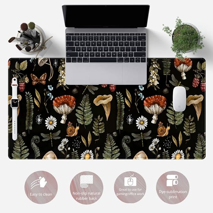 Black Mouse Pad Cottage Core Aesthetic Mouse Pads Mushroom Desk Pad Vintage Mouse Pad Forest Magic Nature Large Desk Pad Ergonomic Mouse Pads with Stitched Edges Non-Slip Computer Mat 31.5x15.7 in