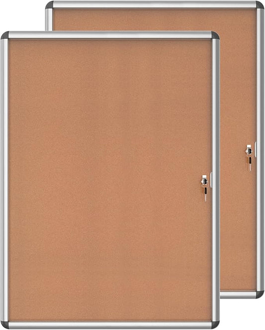 2 Pack 38"x28" Enclosed Bulletin Board, Lockable Weather-Resistant Aluminum Cork Noticeboard for School & Office, Silver Frame w/Cork