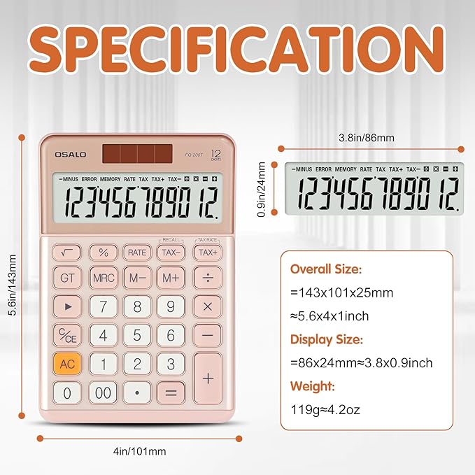 Pendancy Office Small Calculator Desktop with Tax+/- for Tax Calculation, 12 Digit Large LCD Display, Solar Battery Power, Durable Portable Design, Financial Accounting Business Home Use(OS-200T-Pink)